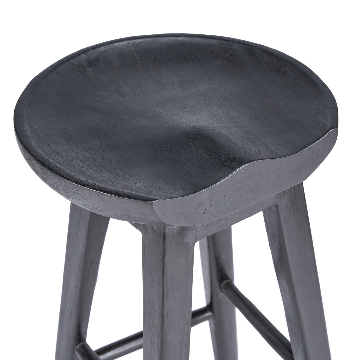 Black bar stool with a roung seat on a white background