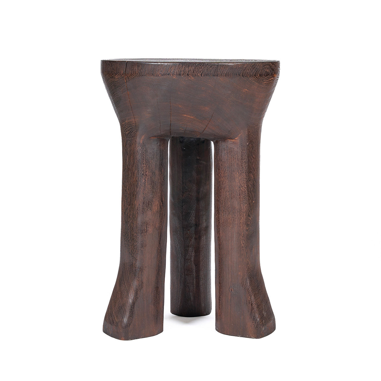 Dark walnut side table with a round top and three legs on a white background