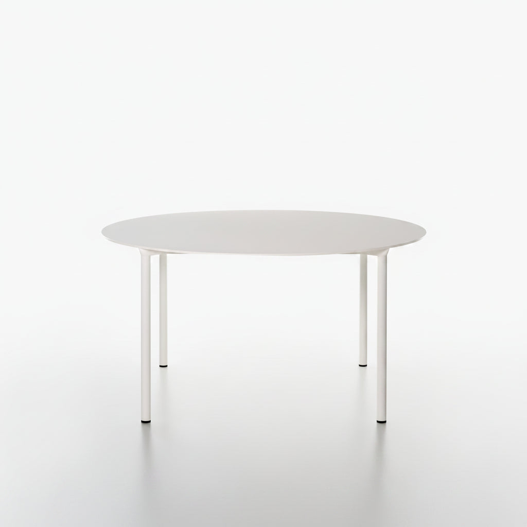 MONZA round table with white HPL table top and white powder coated legs on a white background