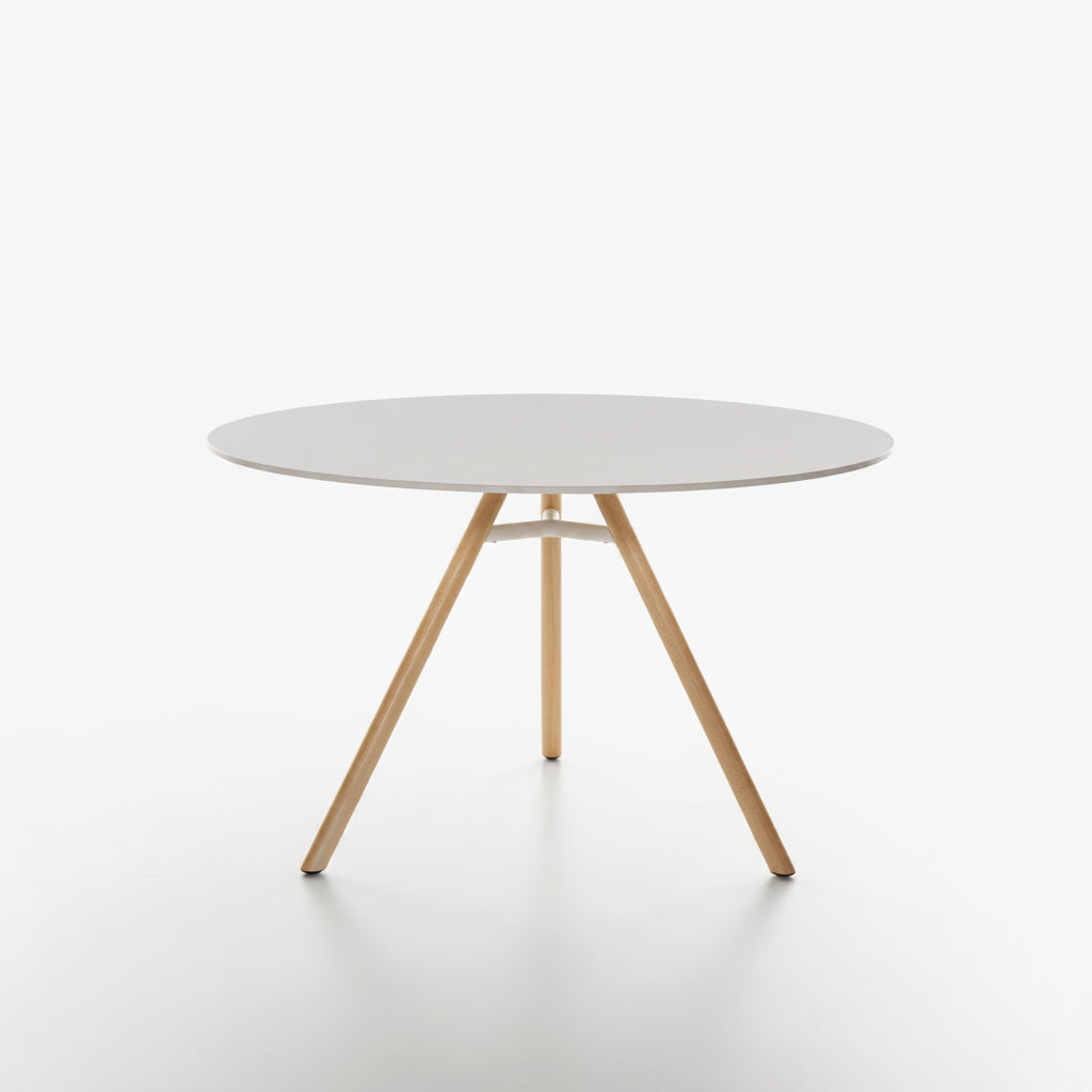 Round MART table with white FunderMAX table top and ash natural legs