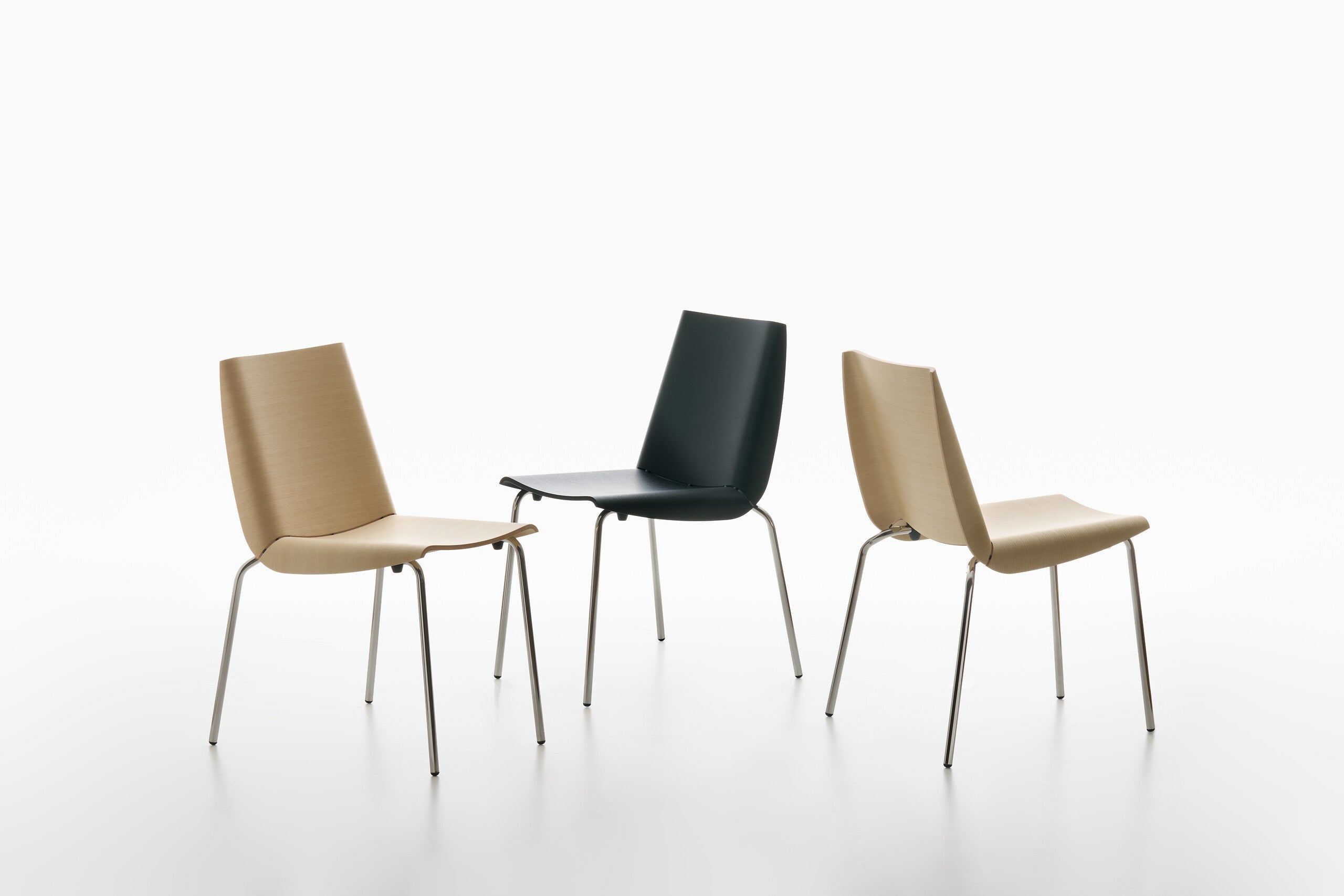 Three modern MILLEFOGLIE chairs in beige and black colours on a white background