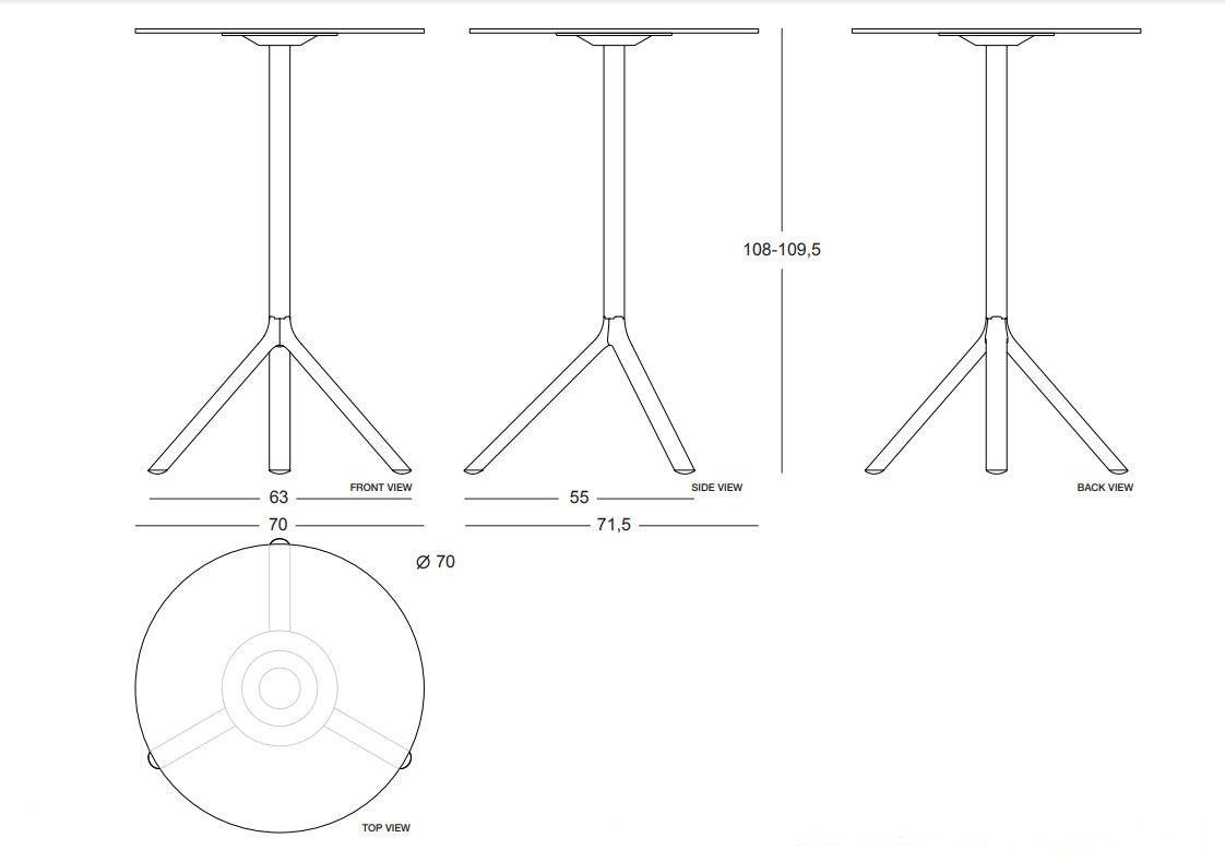 MIURA Table H108 D70 Dimensions