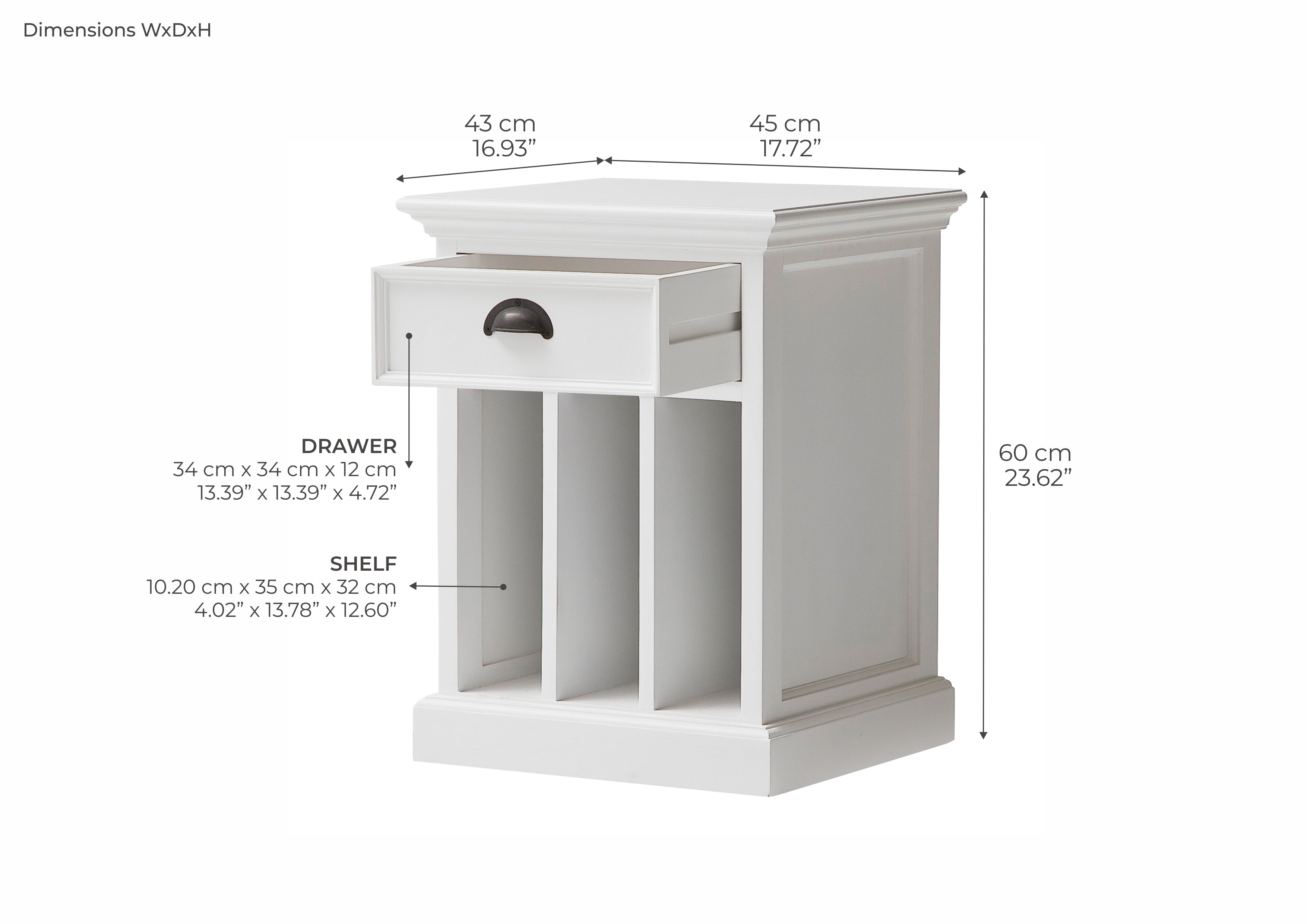 HALIFAX Bedside Table with Dividers Dimensions