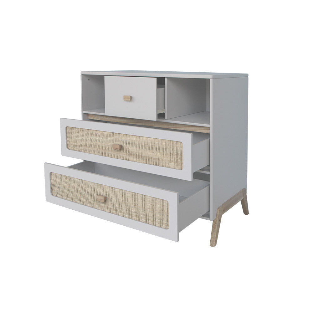 MARELIA Chest of Drawer Rattan Light Grey Opened Drawers