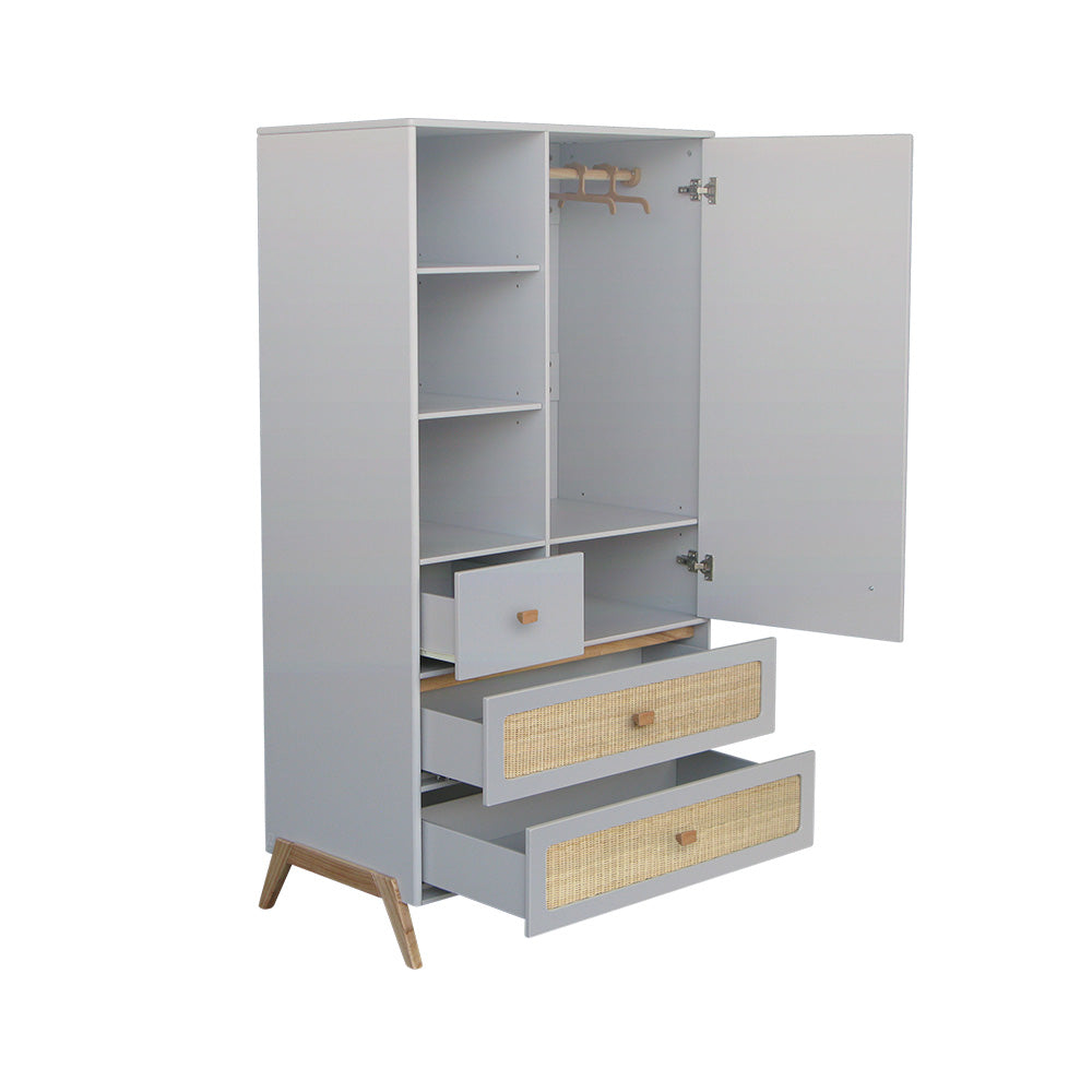 MARELIA Wardrobe Rattan Light Grey Opened Drawers