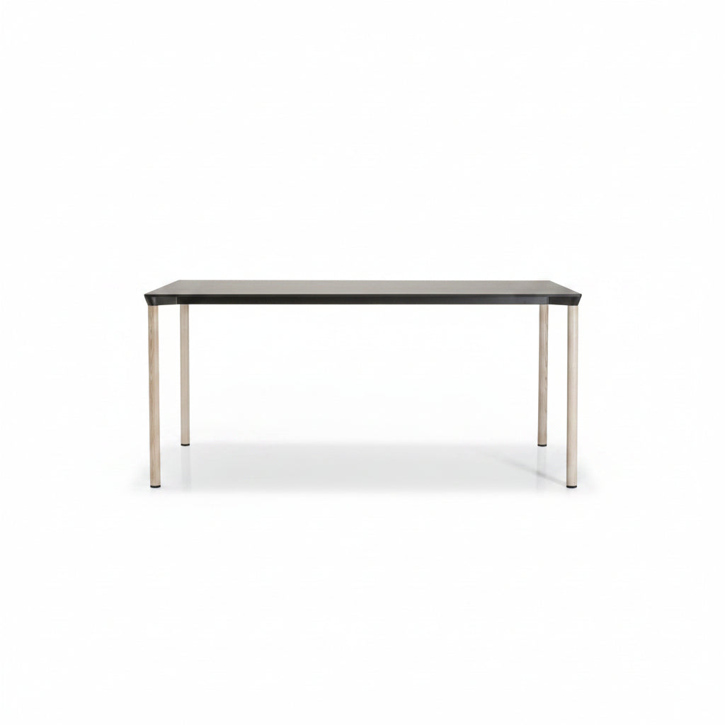 MONZA rectangle table with black HPL table top and ash natural lacquered legs on a white background