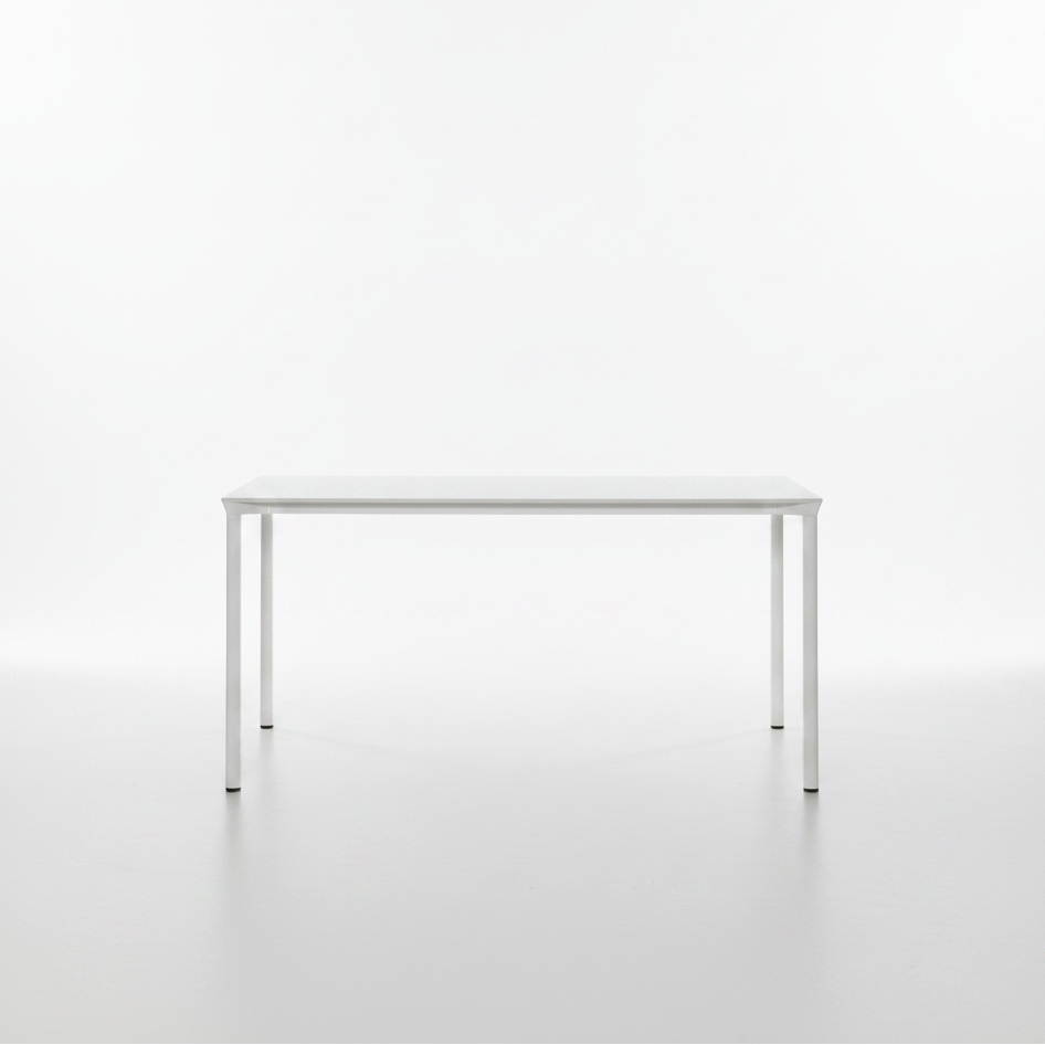MONZA rectangle table with white HPL table top and white powder coated legs on a white background