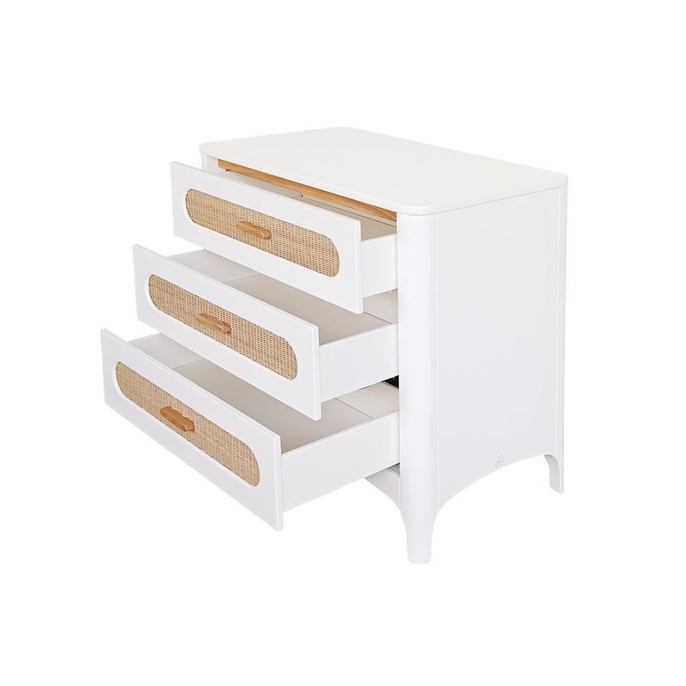 NEREIDES Chest of Drawers - Neige with three drawers featuring woven handles on a white background