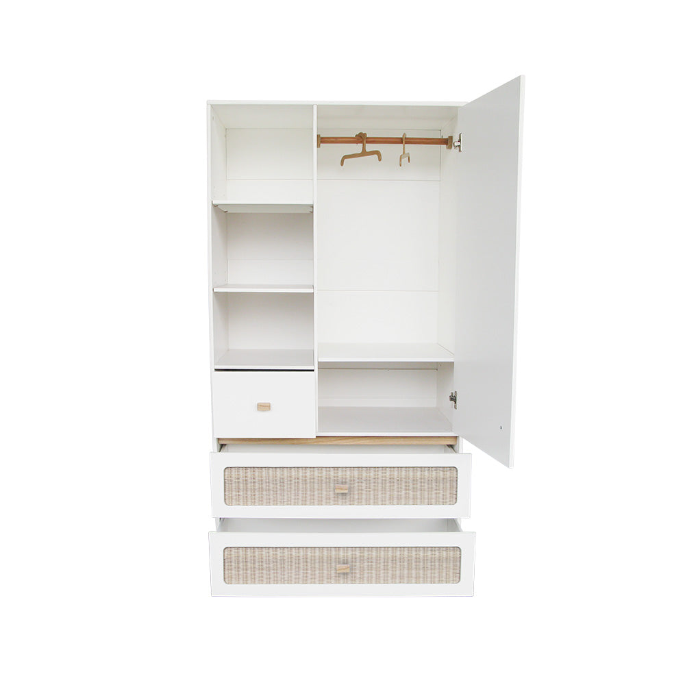 MARELIA Wardrobe Rattan White Opened Drawers