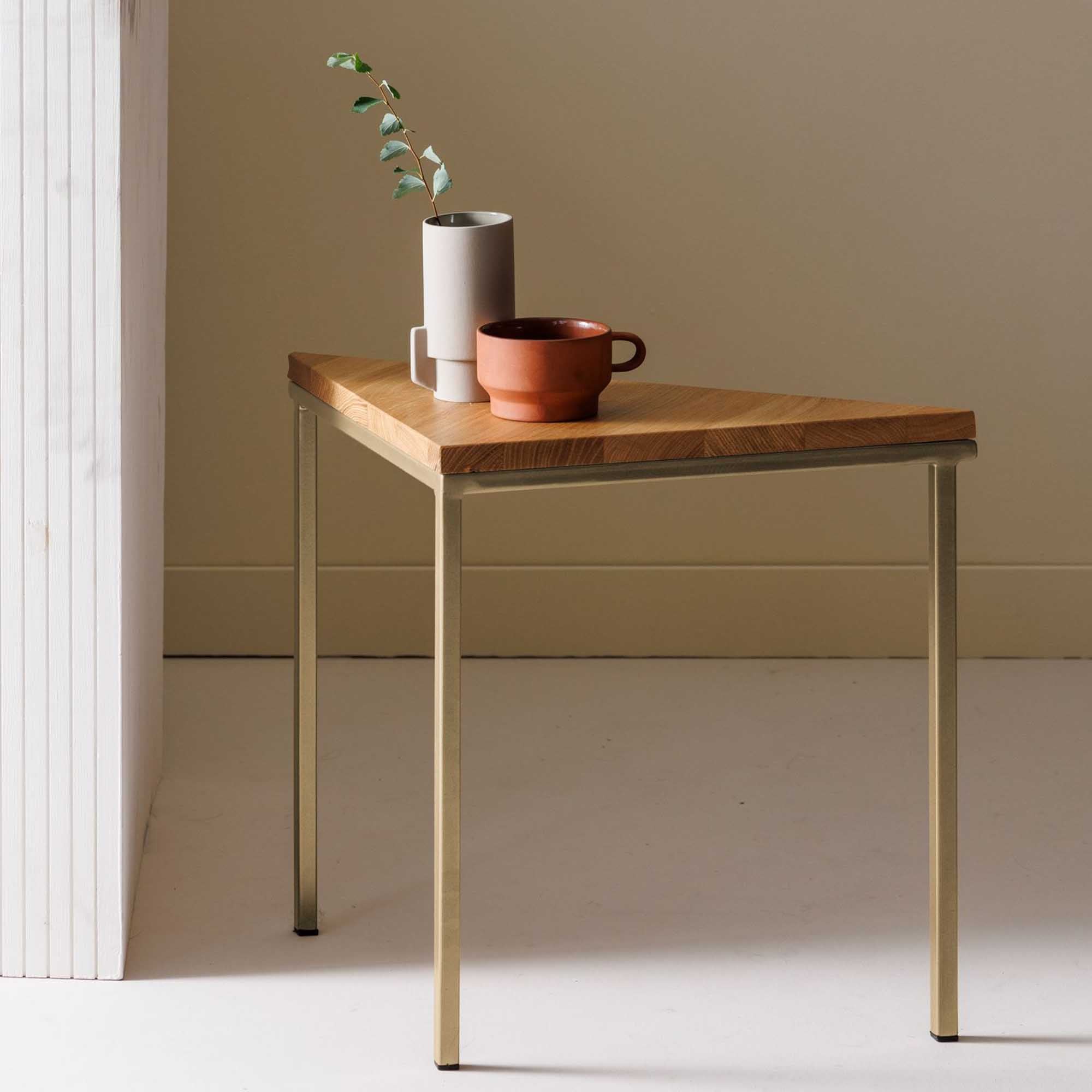 Tripod Table, Oak Wood, Natural Colour yellow frame, interior view with vase and mug