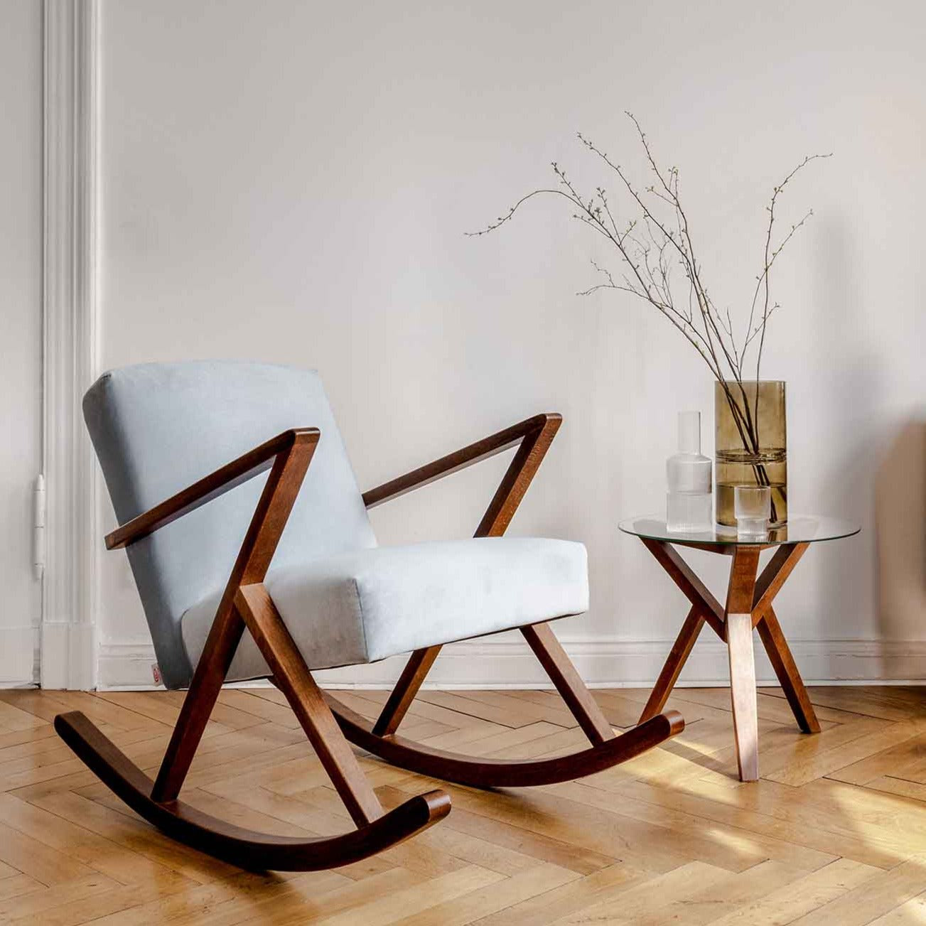 Side Table, Beech Wood Frame, Walnut Colour interior view with white rocking chair