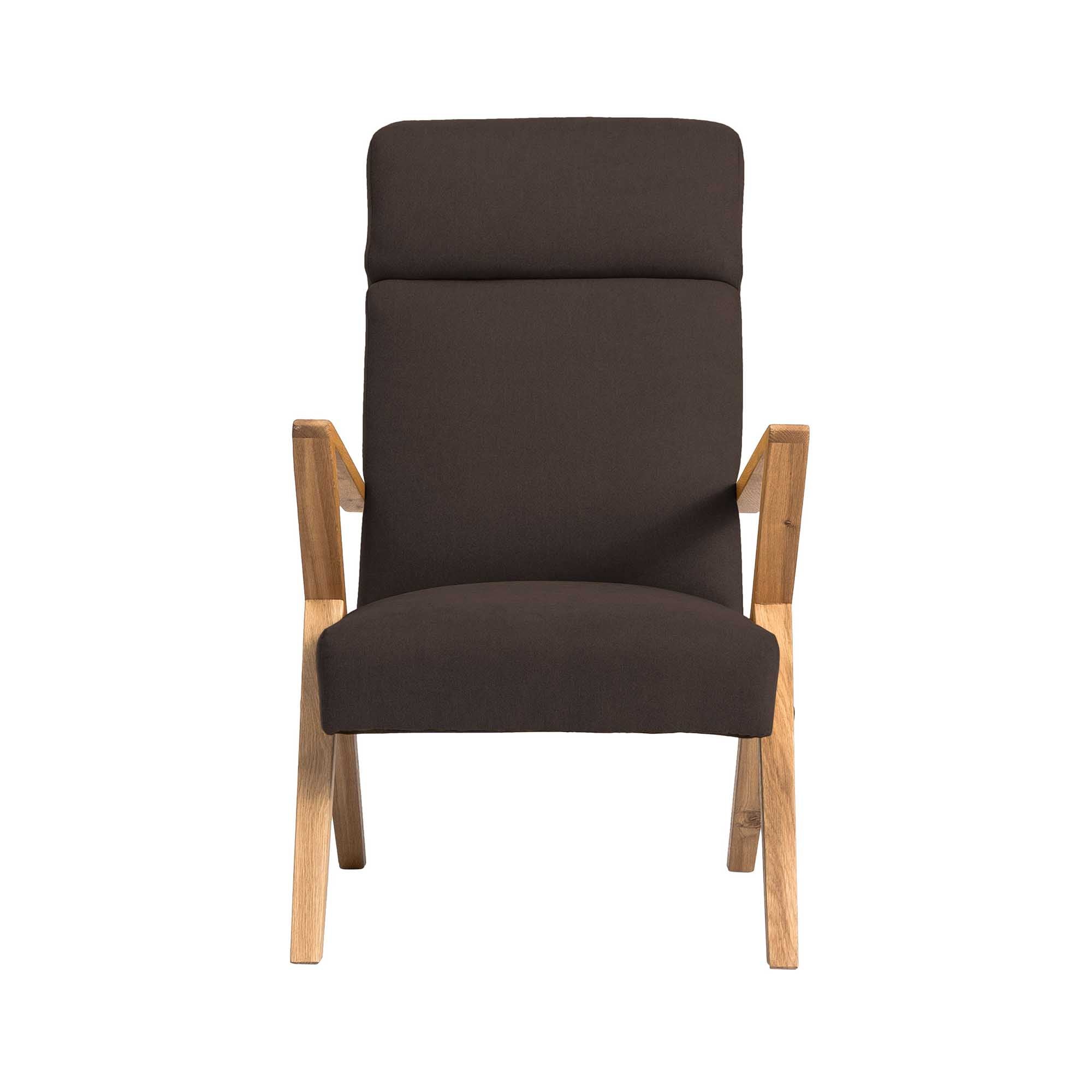 Lounge Chair, Oak Wood Frame, Natural Colour brown fabric, front view