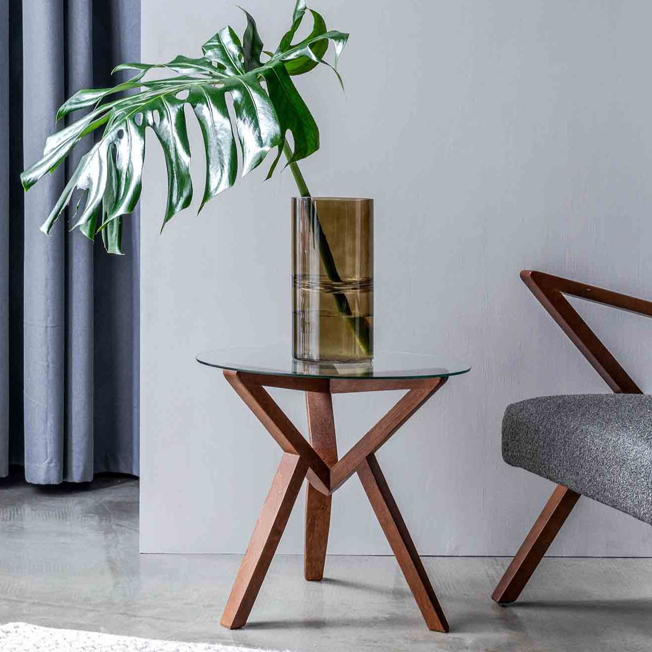 Side Table, Beech Wood Frame, Walnut Colour interior view with flowers and vase