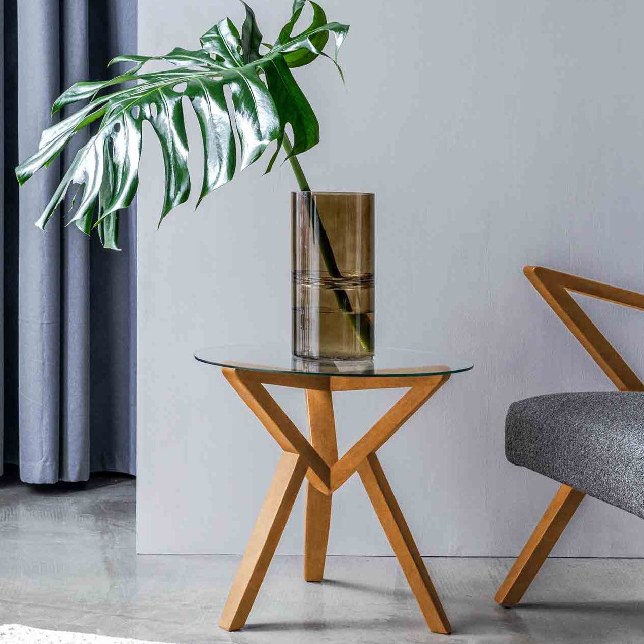 Side Table, Beech Wood Frame, Oak Colour interior front view with flower vase