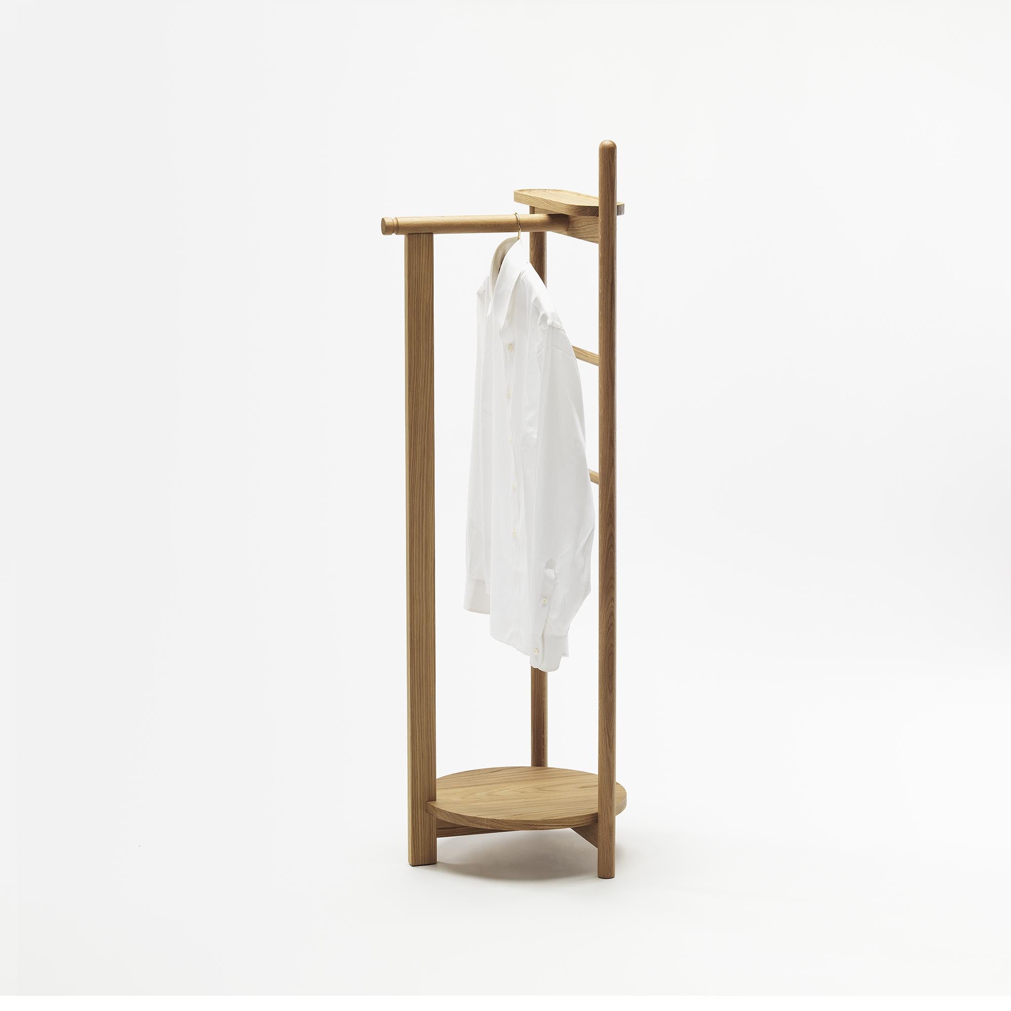 LAUREL Coat Stand Natural Oak left side view with white shirt