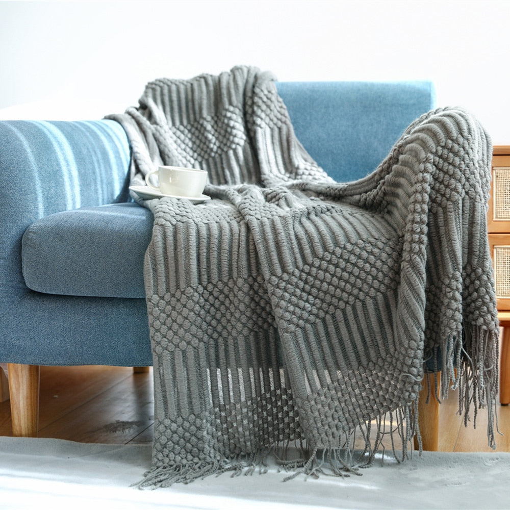 Decorative Knitted Blanket with Tassels grey
