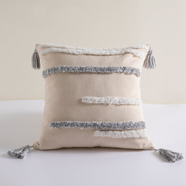 DURABLE GREY Housse de coussin en coton et lin avec pompons