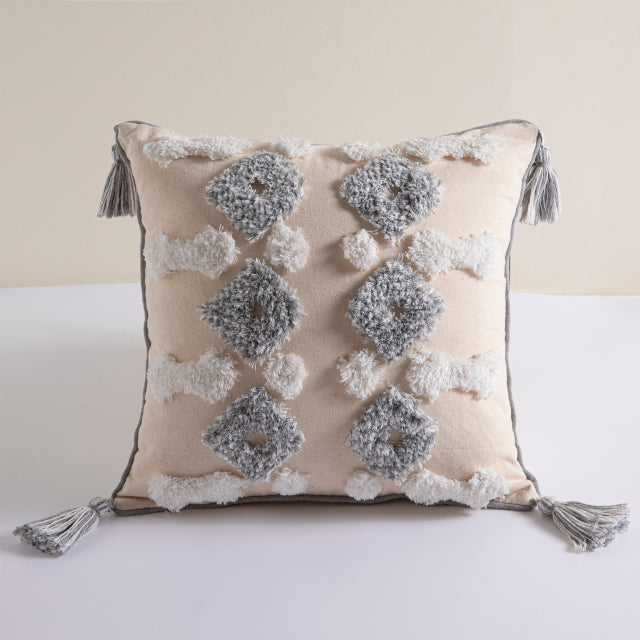 DURABLE GREY Housse de coussin en coton et lin avec pompons