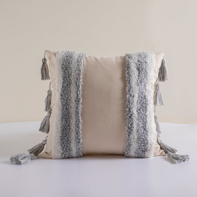 DURABLE GREY Housse de coussin en coton et lin avec pompons