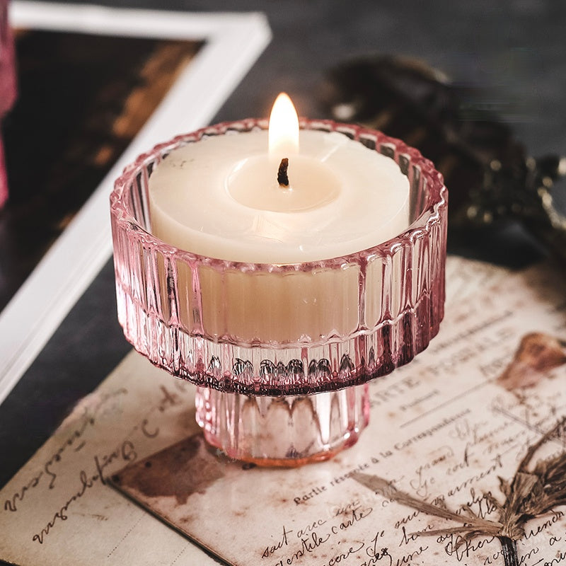 Petit bougeoir moderne en verre rose