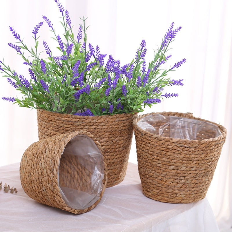 Pots de fleurs en paille tressée pour décoration intérieure et extérieure